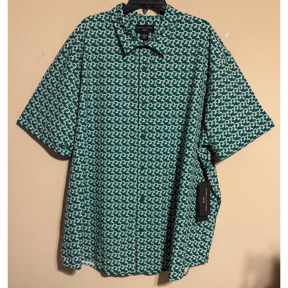 Shaquille O'Neal XLG Men 3XL Green White Geometric Short Sleeve Button Shirt NEW